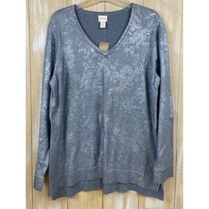NWT Chicos Sz 3 XL/16 Foral Blue Metallic V Neck Sweater Classy Versatile